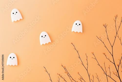 Cute minimalist Halloween background with flying ghosts on orange wall