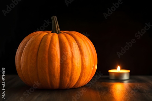 Pumpkin with burning candle on dark background — Halloween decoration concept