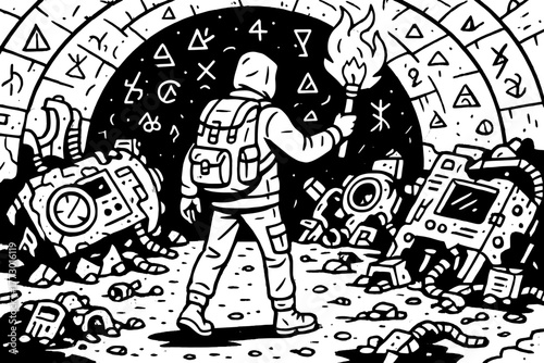 Bunker Exploration Adventure. Survivor with a torch exploring an underground bunker full of broken machines and mysterious symbols