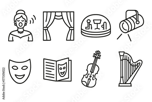 Opera Icons Collection. Line style icons of Opera: Opera Singer, Stage Curtain, Orchestra Pit, Spotlight, Mask, Program Booklet,