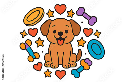 Playful Puppy Mandala. Playful puppy in the middle with frisbees, chew toys, hearts, and stars arranged in joyful mandala