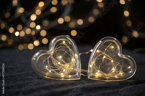 Two glowing hearts with warm fairy lights
