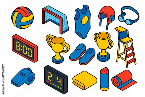 Water Polo Icons. Isometric vector illustration set ball, goalpost, jersey, timer, trophy, shoes: water polo ball, water polo goal