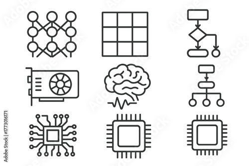 Deep Learning Icons. Line style icons of Deep Learning: Neural Layers, Matrix, Flow Chart, GPU, Brain Waves, Algorithm, Circuit