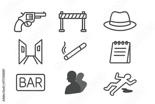 Crime Scene Icons. Line style icons of Crime Scene: Revolver, Police Line, Fedora, Alleyway, Cigarette, Notebook, Neon Sign,
