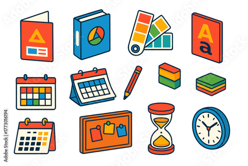 Colorful Branding Essentials. Isometric vector illustration set branding and planning: promotional material mockup, brand guide