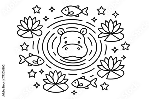 Hippo's Circular Harmony. Hippo in the center with water ripples, lilies, fish, and stars radiating outward in circular balance,