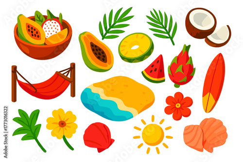 Tropical Paradise Icons. Isometric vector illustration set featuring food and nature: tropical fruit bowl, papaya halves,