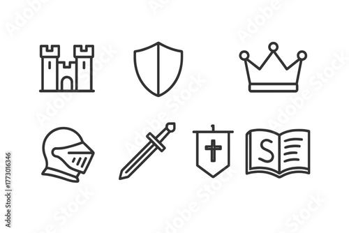 Medieval Line Art Icons. Line style icons of Medieval History: Castle, Shield, Crown, Knight Helmet, Sword, Banner, Cross,