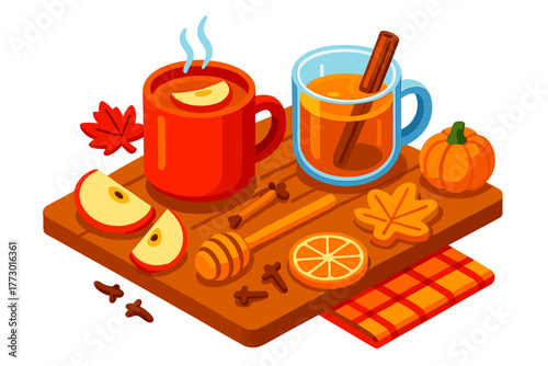 Autumn Drinks & Treats. Isometric vector illustration set autumn drinks and tea: hot apple cider, apple slices, cinnamon stick,