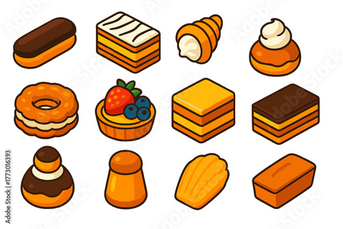 Sweet Treats Collection. Isometric vector illustration set sweet treats collection: éclairs, mille-feuille slice, cream horn,