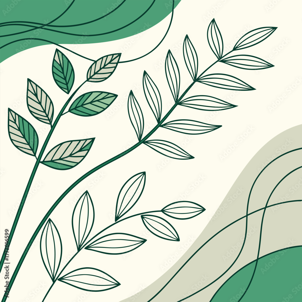 Fototapeta premium Abstract minimalist illustration of green leaves and organic shapes on a cream seamless background with leaves