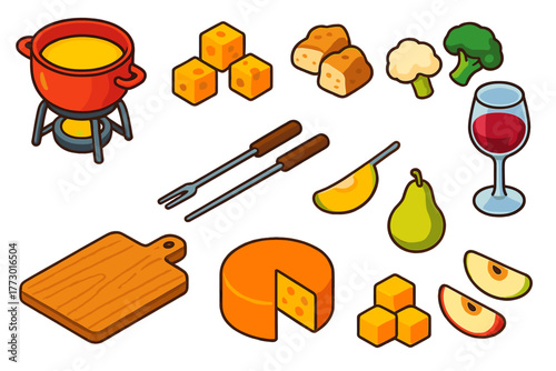 Colorful Fondue Essentials. Isometric vector illustration set cooking themes: fondue pot, cheese cubes, bread chunks, broccoli
