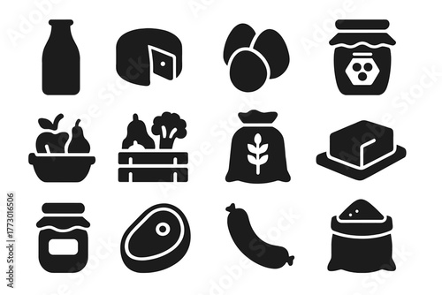 Farm Produce Icons. Solid style icons of Farm produce: milk bottle, cheese wheel, eggs, honey jar, fruit basket, vegetable crate,