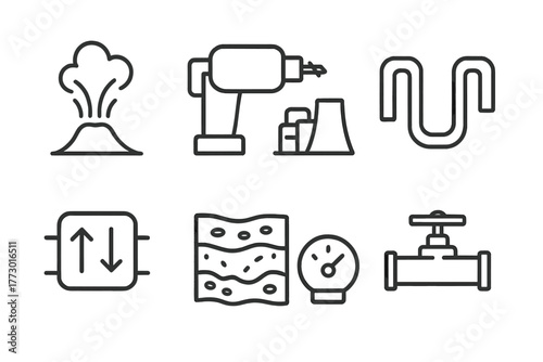 Geothermal Energy Icons. Line style icons of Geothermal Energy: Steam Vent, Drill, Power Plant, Pipe, Heat Exchanger, Rock Layer,