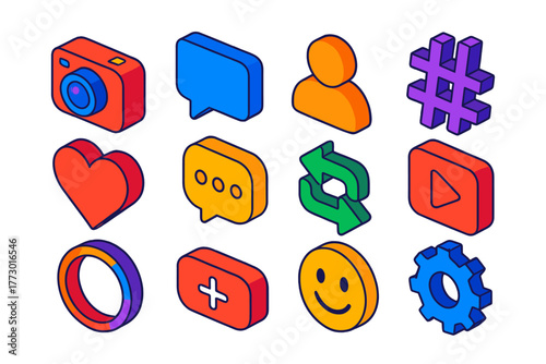 Social Media Icons. Isometric vector illustration set Social Media and Interaction: camera, speech bubble, user icon, hashtag,