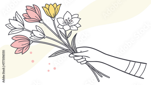 Minimal Spring Flower Bouquet Illustration – Flat Vector Hand Holding Blooming Flowers in Pastel Colo rs.Minimal Spring Flower Bouquet Illustration – Flat Vector Hand Holding Blooming Flowers in Paste