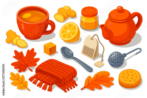 Autumn Tea Essentials. Isometric vector illustration set autumn drinks and tea: ginger tea cup, ginger slices, honey jar, lemon