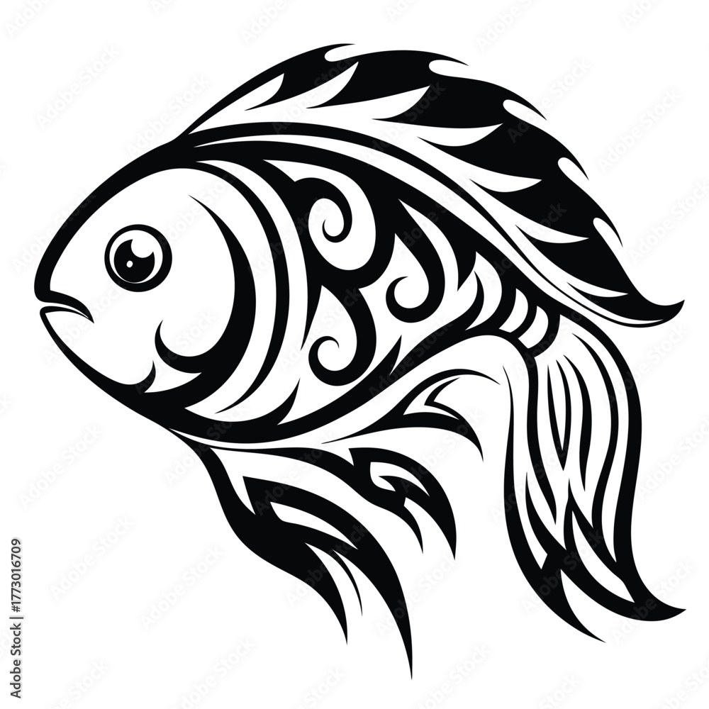 Obraz premium Fish illustration with tribal patterns shows a captivating side profile in black color
