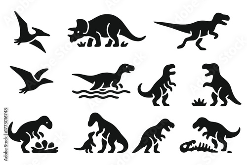 Dinosaur Icons Collection. Solid style icons of Dinosaur behavior: hunting, grazing, running, flying, swimming, roaring, nesting,