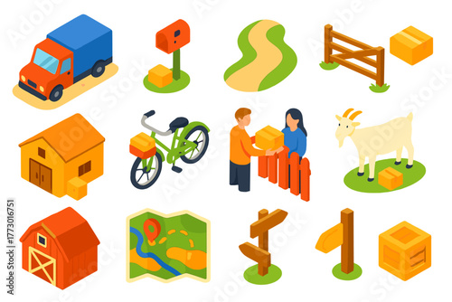 Rural Delivery Vector. Isometric vector illustration set delivery and shipping: rural delivery truck, countryside postbox, dirt