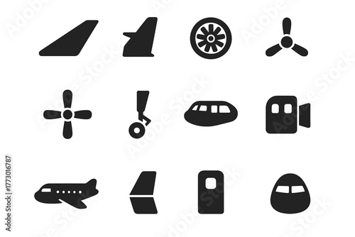 Airplane Parts Icons. Solid style icons of Airplane parts: wings, tail, engine, propeller, landing gear, cockpit, fuselage, rudder