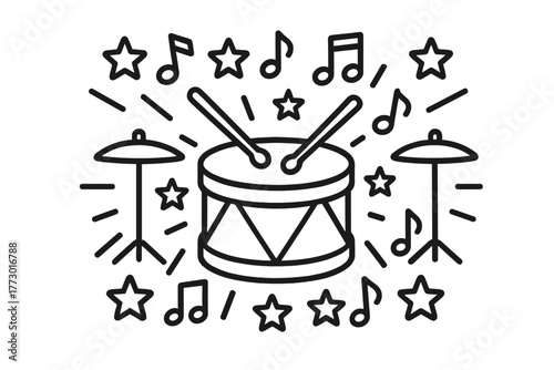 Symmetrical Drum Design. Drum in the middle with drumsticks, cymbals, notes, and stars radiating outward in symmetrical design,