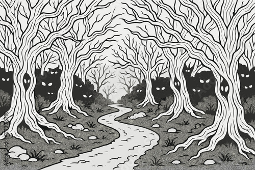 Eerie Forest Path. Haunted forest path with twisted trees, glowing eyes in the shadows, and fog covering the ground, black and