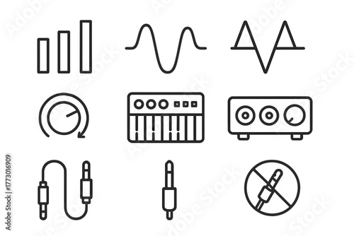 Audio Tech Icons. Line style icons of Audio Technology: Equalizer Bars, Waveform, Oscillator, Filter Knob, Synthesizer, Audio