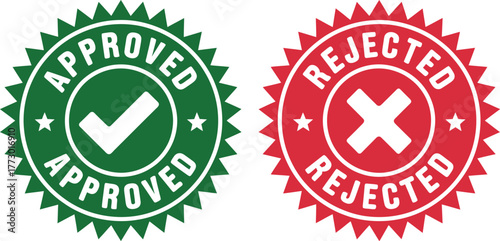 Approved and Rejected Round Seals with Green Check Mark and Red Cross Mark for Quality Control, Verification, or Pass-Fail Assessment Process