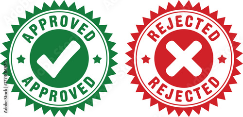 Approved and Rejected Round Seals with Green Check Mark and Red Cross Mark for Quality Control, Verification, or Pass-Fail Assessment Process