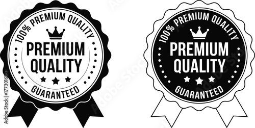 100% Premium Quality Guarantee Badge or Seal with Crown and Stars, Available in Two Black and White Versions for Product Certification Label