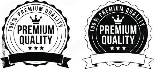 100% Premium Quality Guarantee Badge or Seal with Crown and Stars, Available in Two Black and White Versions for Product Certification Label