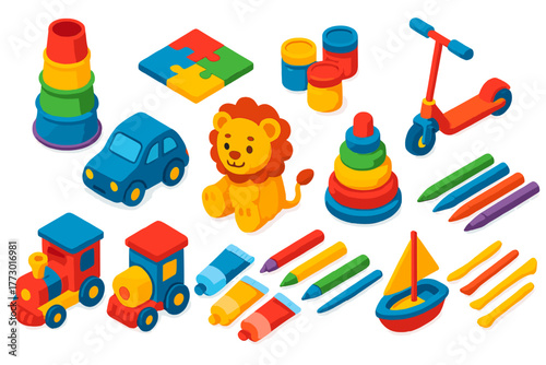 Creative Kids Playtime. Isometric vector illustration set Creative Kids and Play: stacking cups, puzzle blocks, paint jars, toy