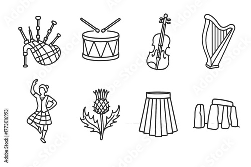 Scottish Folk Icons. Line style icons of Scottish Folk: Bagpipes, Drum, Fiddle, Harp, Highland Dancer, Thistle, Kilt, Stone Circle