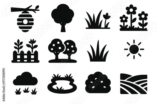 Bee Environment Icons. Solid style icons of Bee environment: hive, tree branch, meadow, flower patch, garden, orchard, grass, sun,