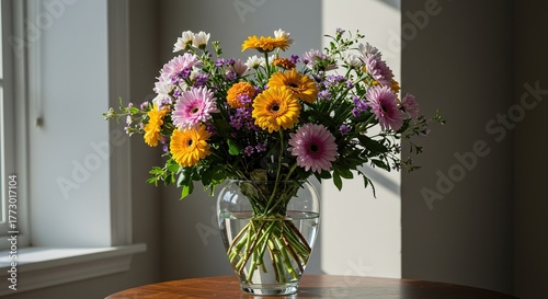 A beautiful, fresh floral display artfully arranged in a clear glass vase, brightening a room with natural charm. (123 characters) ,display ,bright ,petal