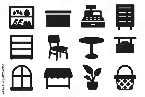 Bakery Shop Icons. Solid style icons of Bakery shop elements: display case, counter, cash register, menu board, shelf, chair,
