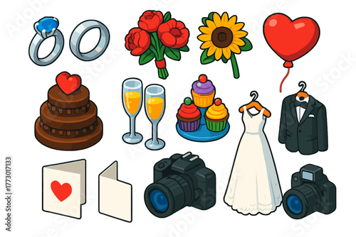 Wedding Celebration Icons. Isometric vector illustration set rings, flowers, heart, toast, cake, card, dress, camera: sapphire