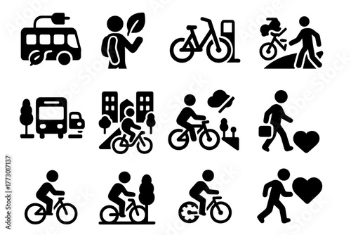 Eco-Friendly Transport Icons. Solid style icons of Eco and transport themes: sustainable transport, green commute, bike sharing,