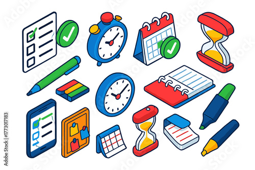 Vibrant Productivity Icons. Isometric vector illustration set productivity with checkmark and alarm: finished task list, twin bell