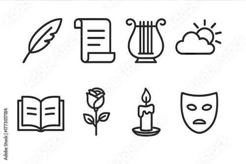 Line Style Poetry Icons. Line style icons of Poetry: Quill, Parchment, Lyre, Metaphor, Open Book, Rose, Candle, Mask, No text, No