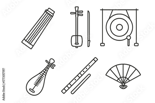 Asian Music Icons. Line style icons of Asian Music: Koto, Shamisen, Erhu, Gong, Pipa, Taiko Drum, Bamboo Flute, Fan, No text, No