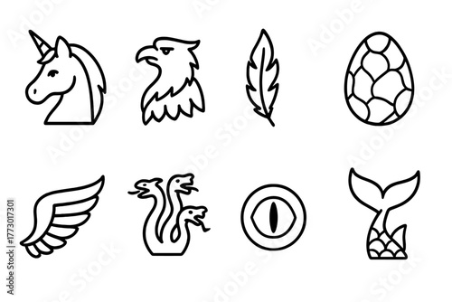 Legendary Creatures Icons. Line style icons of Legendary Creatures: Unicorn, Griffin, Phoenix Feather, Dragon Egg, Pegasus Wing,