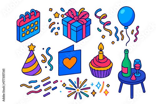 Celebration Icons Extravaganza. Isometric vector illustration set Celebration and Events: calendar, gift box, confetti, balloon,