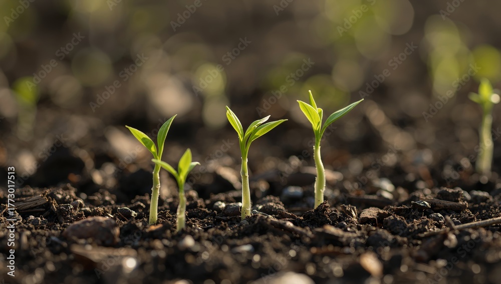 Fototapeta premium Emerging Green Shoots, Cultivated Earth, and the Promise of New Beginnings.