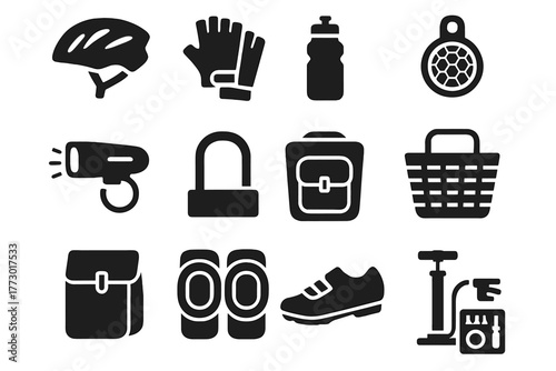 Cycling Gear Icons. Solid style icons of Cycling gear and accessories: helmet, gloves, water bottle, reflector, light, lock,