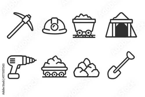 Coal Mining Icons. Line style icons of Coal Mining: Pickaxe, Helmet, Rail Cart, Mine Shaft, Drill, Conveyor Belt, Pile of Coal,