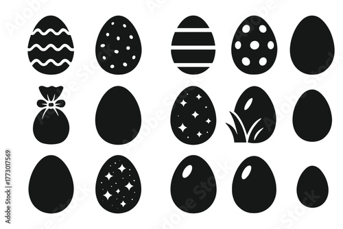 Easter Egg Icons. Solid style icons of Easter eggs: painted egg, speckled egg, striped egg, polka dot egg, foil egg, chocolate egg