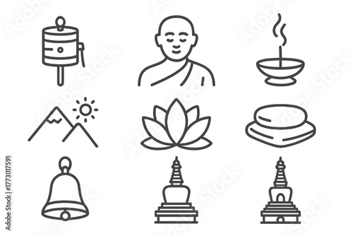 Spiritual Ascent Icons. Line style icons of Spiritual Ascent: Prayer Wheel, Monk, Incense, Mountain Peak, Lotus Flower, Meditation